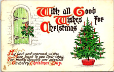 Postcard Christmas Good Wishes Holly On Door Tree Poem Raphael Tuck Post 1914 picture
