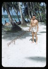 Handsome Man Military Beach Swimsuit Palm Tree Slide 1950s Red Border Kodachrome picture