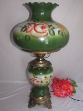 VINTAGE GWTW HURRICANE PARLOR TABLE LAMP GREEN W HAND PAINTED FLOWERS 3 WAY 28