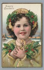 Cute Smiling Girl A Merry CHRISTMAS Holly Vintage Postcard picture