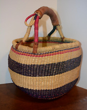 VTG AFRICAN GHANA BOLGA Basket Hand Woven Leather Handle Market Basket picture