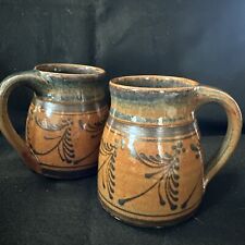 2 Vintage Nahiger Brown Blue Glazed Pottery Mugs 4.5 “ T Each México EUC RARE picture