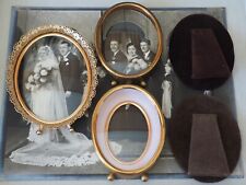 3 Vintage Convex Glass Oval Picture Frames Carr Brass Gold Tone Filigree Footed picture