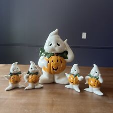 Spooky Vintage Ceramic Set of 5 Pumpkin Ghosts Retro Halloween Decor 11” & 5” picture