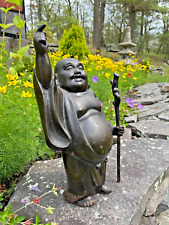 Vintage LARGE 15.5 Inch 16 Pound Metal Chubby Buddha Statue with Staff SO COOL picture