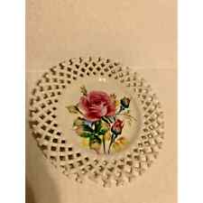Lefton China Hand Painted Plate White with Roses Flowers Lattice Rim 8.5 inches picture