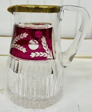 Vintage & Rare Bohemian Heavy Crystal Etched Water Pitcher with Gold Trim picture