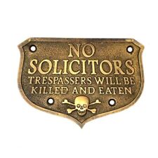 Vintage Style No Solicitors Plaque Skull Collector Metal Sign Brass w Patina picture