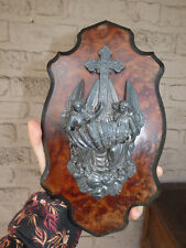 Antique french metal / wood holy water font angels crucifix plaque rare picture