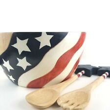 Clay Art American Flag Hand Painted Wooden Salad Bowl and Serving Utensils Set picture
