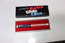 VINTAGE PARKER PEN BIG RED WHITE & BLUE PEN IN BOX.  Name on the back of box picture