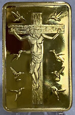 * Jesus Christ Crucified & 10 Commandments Gold Plated Bar Metal Coin In Capsule picture