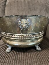 Antique Large Footed Hammered Brass Planter/Jardinière Lion Head Handles picture