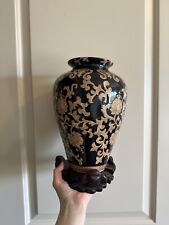 Beautiful Large Black Ornate Vase with Floral Leaf Design with Wooden Pedestal picture