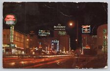 Hollywood California, Sunset Blvd & Vine Street Night Lights, Vintage Postcard picture