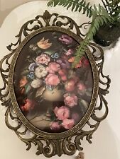 Vintage Brass Oval Ornate Convex Glass Flowers Picture Frame Made In Italy 13.5” picture