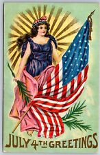 Patriotic July 4th~Lady Columbia With Stars & Stripes US Flag~Gold~Emboss~c1910 picture