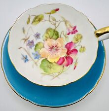 Vintage Aynsley Painted Signed Turquoise Nasturtium Floral Cup & Saucer; Teacup picture