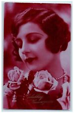 Happy New Year Pretty Woman Curly Hair Flowers France Unposted Vintage  Postcard picture