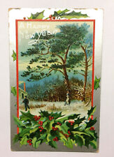 New Year Postcard Embossed Holly Silver c1910 picture