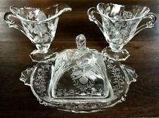 Vtg Heisey Orchid Square Glass Etched Flower Covered Butter Dish Creamer & Sugar picture