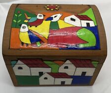 Vintage La Palma El Salvador Hand Painted Folk Art Keepsake Box with Birds  picture