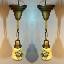 Wired Pair Brass Pendant Light Fixtures antique floral shades 40A picture