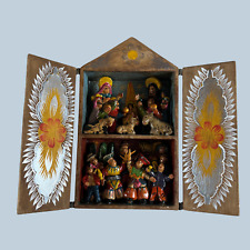 Vintage Peruvian Folk Art Retablo Ceramic Nativity Scene In Wood Box picture