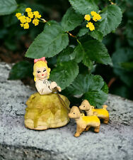 Vtg Blonde Girl in Stiffened Lace Yellow Dress w/2 Chained Poodles 4.5” Japan picture