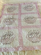 Crib Size Baby Quilt Kittens Cats In Basket Craft Vintage Pink Embroidered  picture