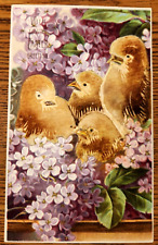 Easter Postcard Velveteen Chicks in Embossed Flowers Vertical picture
