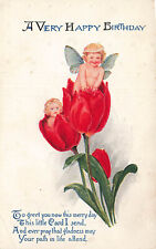 FAIRIES IN TULIPS FANTASY BIRTHDAY GREETINGS VINTAGE POSTCARD c1910 090523s picture