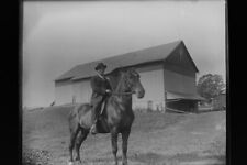 Antique 4x5 Inch Plate Glass Negative Of A Man On A Horse In front Of A Farm E17 picture