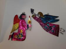 SET OF 2 PAINTED PUNCHED TIN ANGEL ORNAMENTS VINTAGE MEXICO #2 picture
