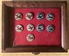 Set Of 9 Kellogg’s PEP WW2 Pins In Wood Display Case INV-AA38 picture