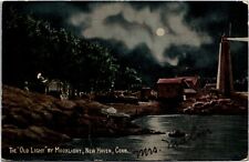 Full Moon in New Haven CT Connecticut Lighthouse Night Scene Vintage Postcard picture