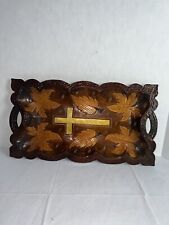 Vintage Carved Wooden Trivet Teak Wood Tray Cross Religious picture