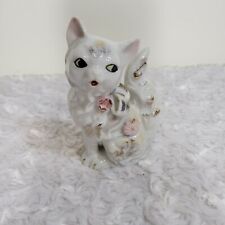 Vintage Mid Century Porcelain Ceramic Cat Figurine Pink Gold Accents Japan Bow picture