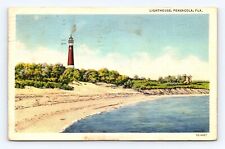 Postcard Boat Beach Lighthouse Pensacola FL 1937 Flag Cancel Florida Beach Ocean picture