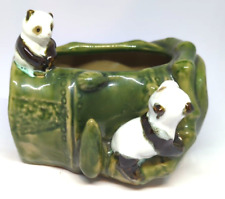 Vintage Lucky Bamboo Pandas Green Glaze Ceramic Pottery Planter Signed B-572 CAI picture