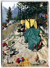 Funny family camping trip pitching tent Saturday Evening Post Art Fridge Magnet picture