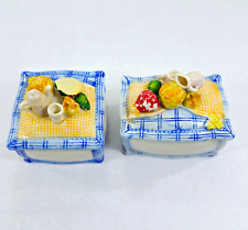 Pair Vintage Ceramic Vanity Trinket Boxes with Lid Raised Breakfast figures picture