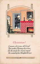 Antique Christmas Card Moonlight Window Romantic Fireplace Vtg Postcard D22 picture