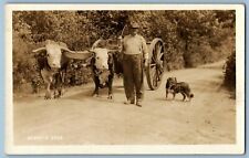 RPPC Postcard~ Henry's Ox Driven Wagon, Man, & His Dog~ 1932 Malow, NH Cancel picture