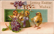 Antique Postcard Loving Easter Wishes Chicks Basket Forget Me Not Bouquet 1915 picture