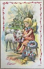 Easter Little Girl Flowers Sheep Chicks Eggs Antique Postcard c1910 picture