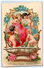 1907 Easter Wishes Angels Bare Butt Heart Pansies Flowers Embossed Postcard picture