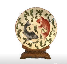 Rare Asian Porcelain Blue and Red Koi Bowl with Carved Wood Stand picture