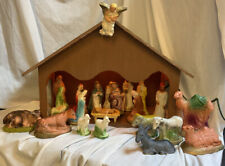 Vintage 22pc Chalkware Nativity Figures & Animals Made In Japan Stable w/ Light picture