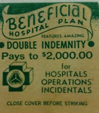 Beneficial Hospital planned vintage matchbook Double Indemnity Ohio match  picture